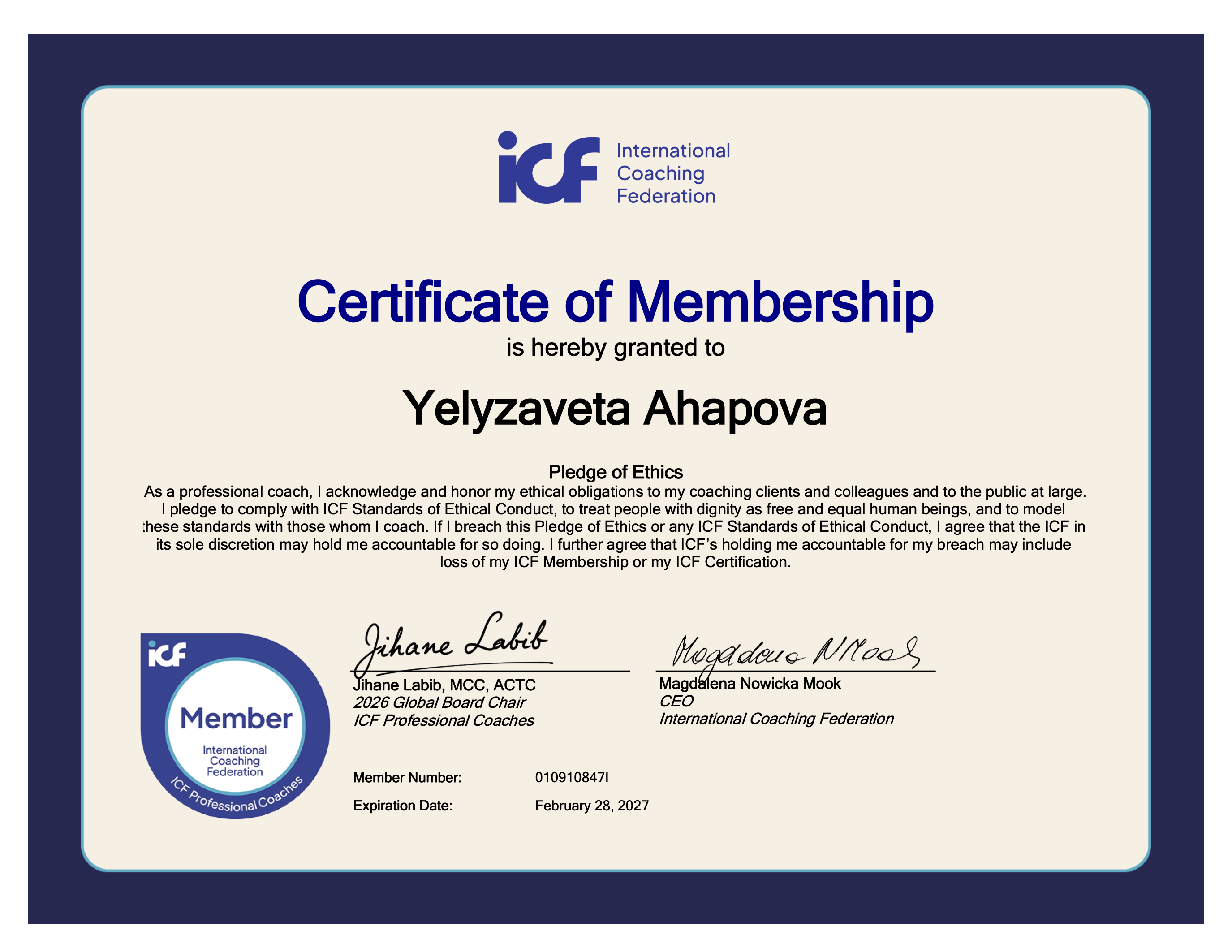 ICF Membership Certificate